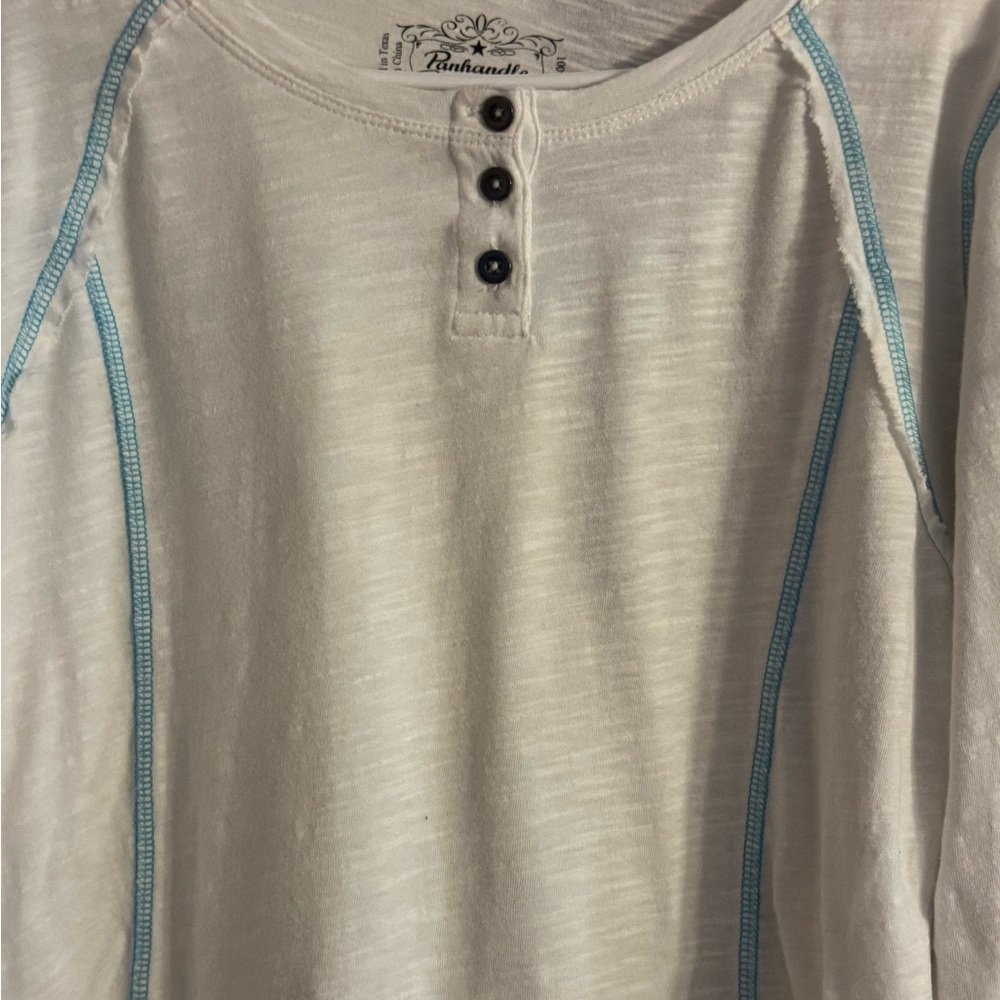 Women's White Long Sleeve Top with Blue Accents